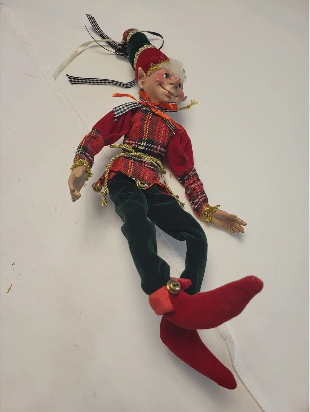 Vintage Elf Doll with Red Plaid Shirt and Velvet Pants 18.5x7.5
